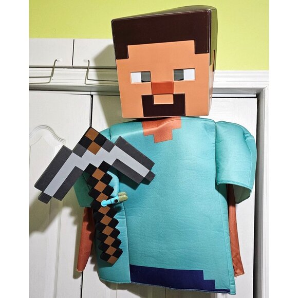 Minecraft Steve Costume Kids 7-8 Tunic Mask Diamond Silver Pickaxe 3D Pixelated - Picture 1 of 11